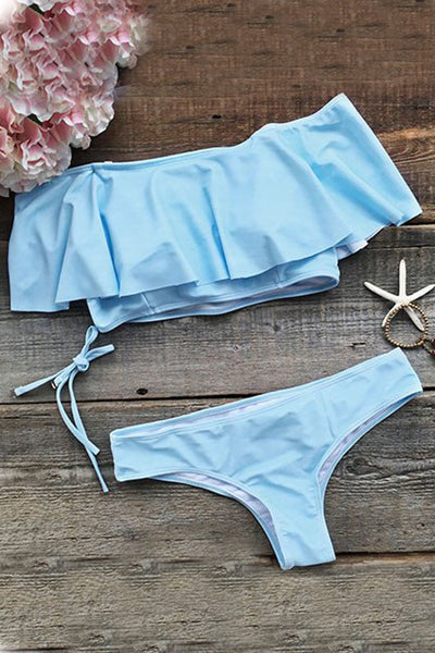 Blue Summer Sewing Falbala Halter Bikini Set