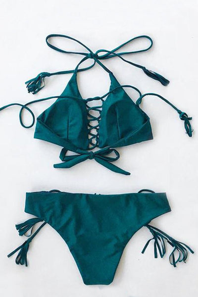 Blackish Green Lace Up Bikini Set