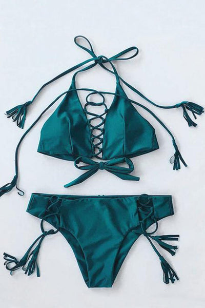 Blackish Green Lace Up Bikini Set